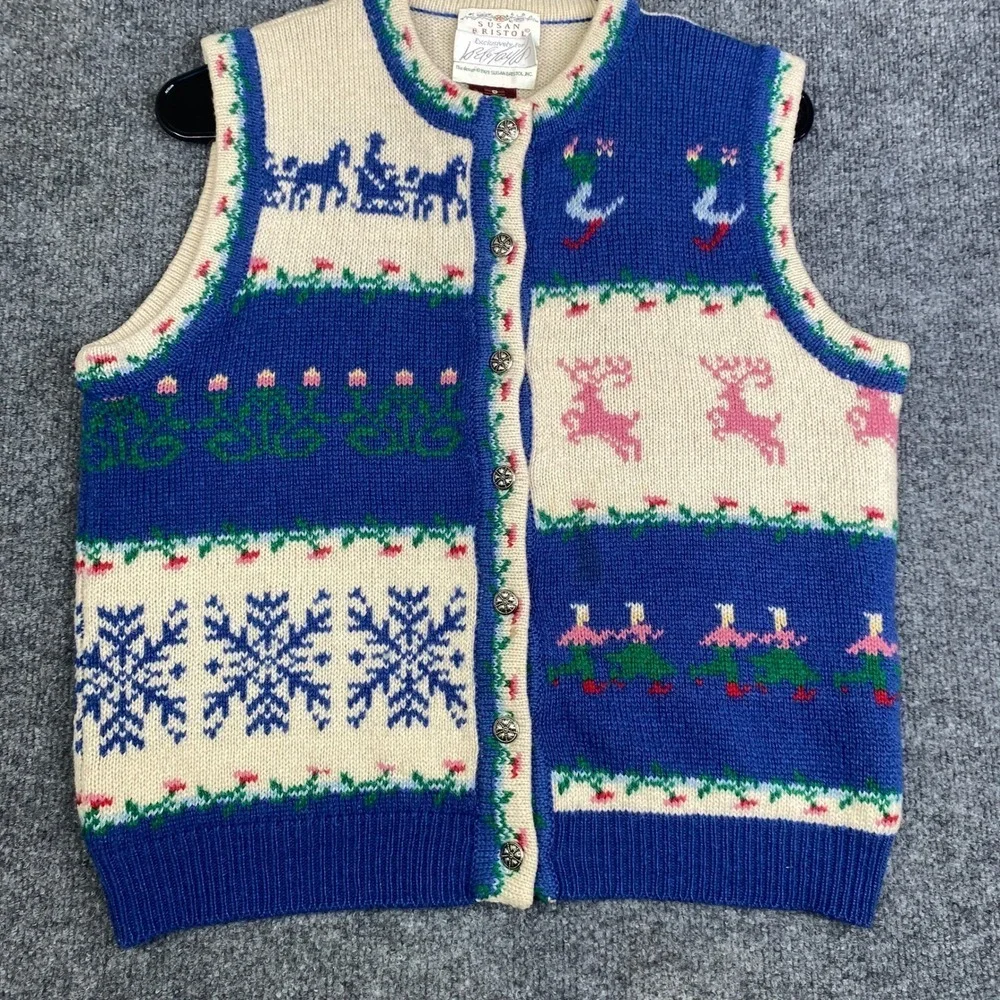 Susan Bristol Vintage 1989 Shetland Wool Sweater Vest Blue Winter Intarsia Small